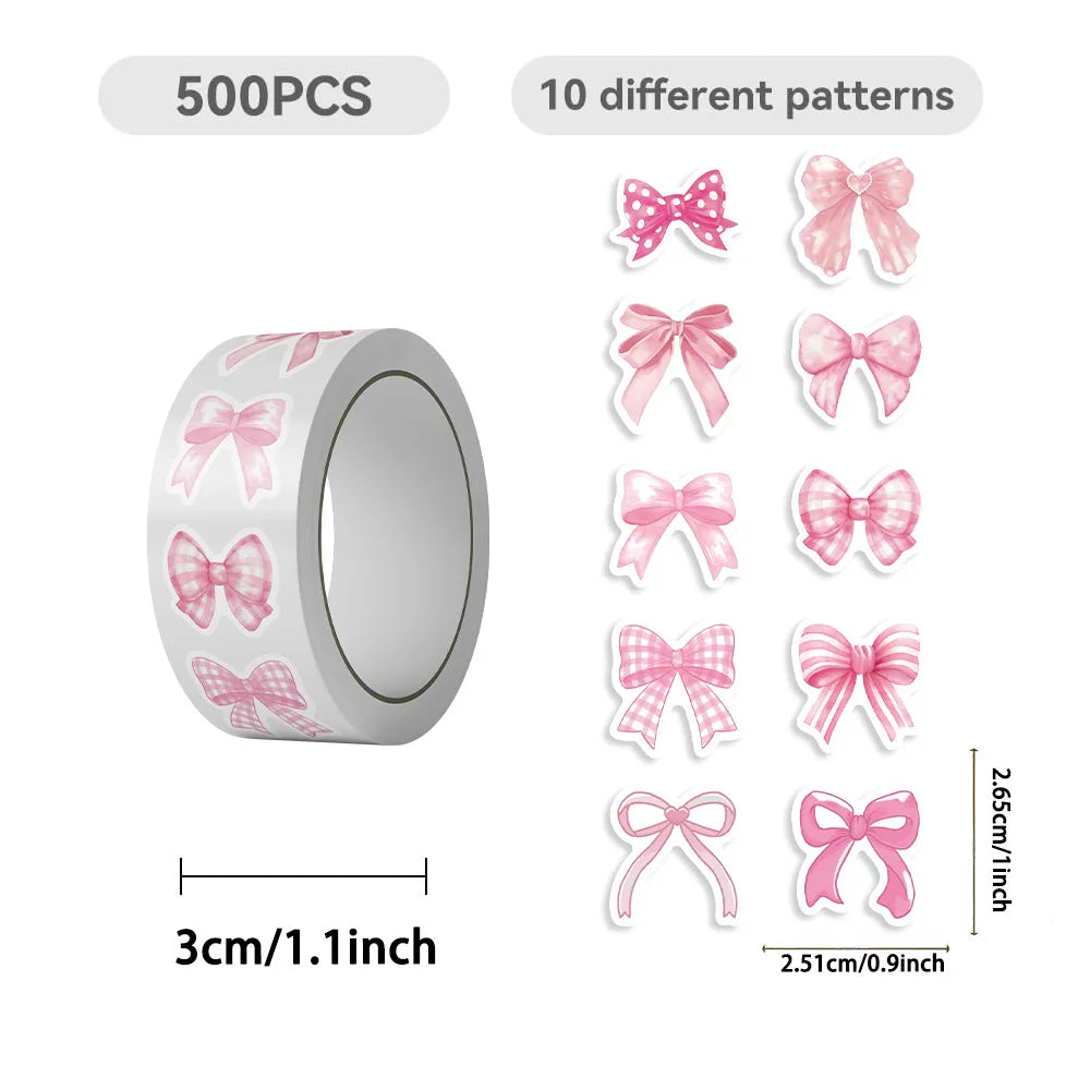 A roll of pink decorative bow stickers and envelopes with ten different patterns for crafting or rewards