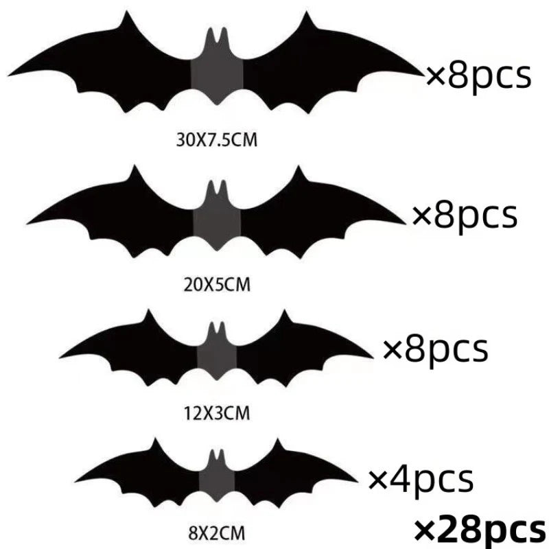 Various sizes of black bat wall stickers for Halloween decor, packaged in sets.