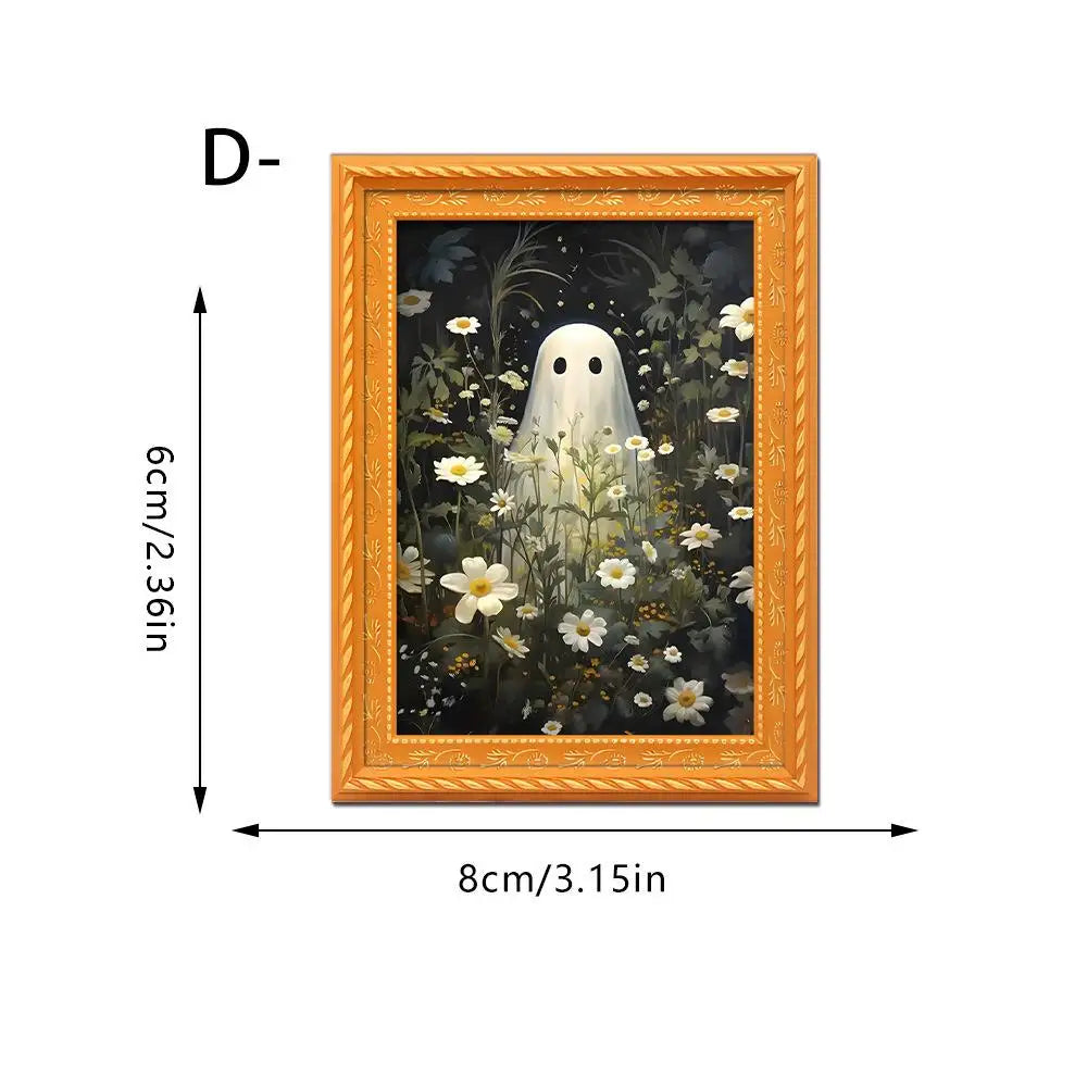 A framed picture featuring a white ghost surrounded by flowers in an ornate gold frame.