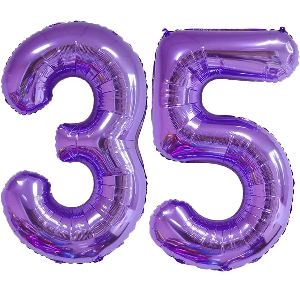 Purple foil number balloon shaped like the number 35 for celebrations