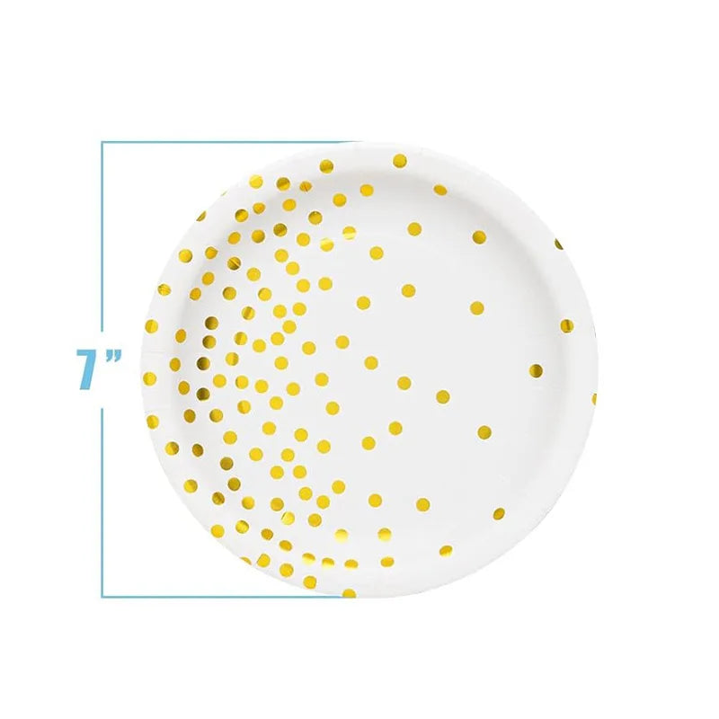 White disposable party plate with a gold dot pattern