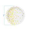 White disposable party plate with a gold dot pattern