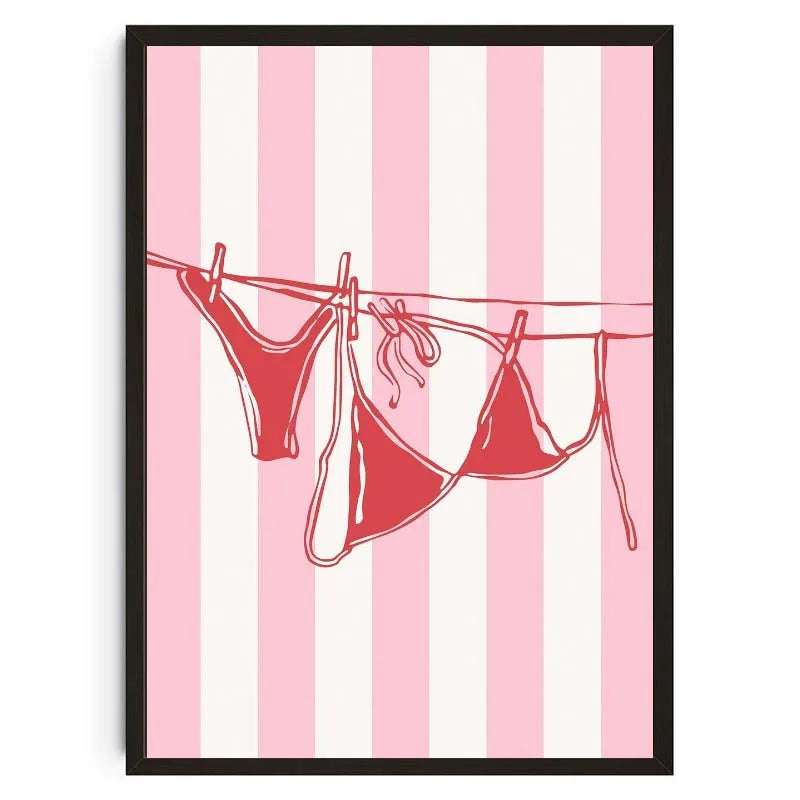 Gerahmtes Leinwandbild mit rosa-weiß gestreifter Hintergrund und rother Kleidung an einer Wäscheleine.