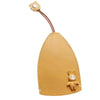 A tan cartoon PU leather key holder with a pull-out design and leather cord.