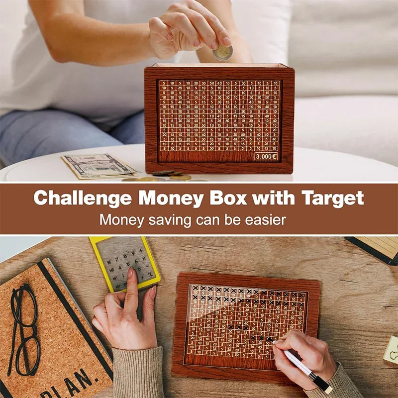 A wooden money box with a grid tracker is shown being held by a person, demonstrating a challenge for money saving.