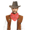 A man wearing a classic cowboy costume set including a hat, vest, and red patterned scarf.