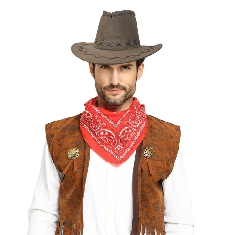 A man wearing a classic cowboy costume set including a hat, vest, and red patterned scarf.