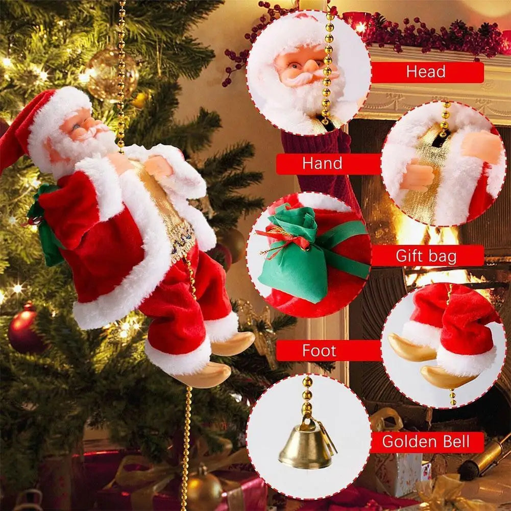 Climbing Santa Claus decoration featuring head, hand, gift bag, and foot parts with a golden bell.