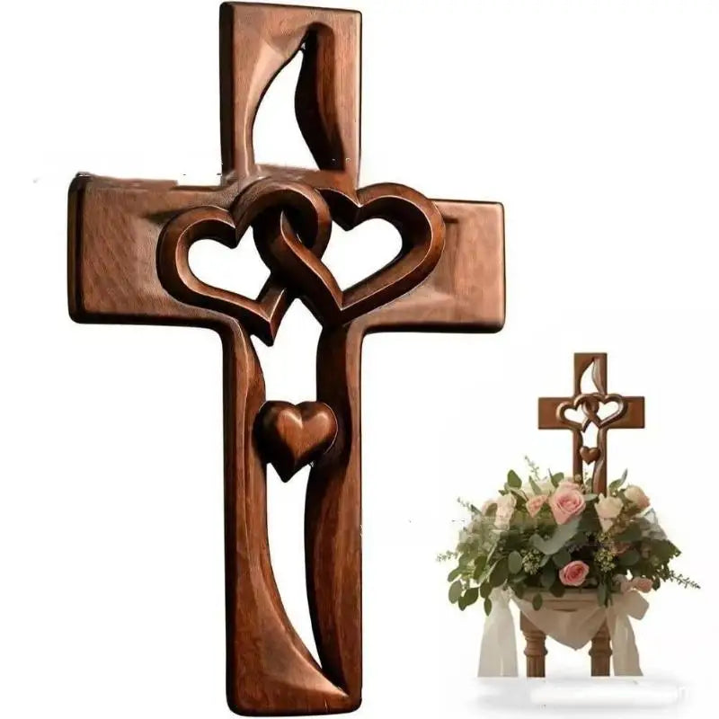 A rustic wooden wall cross design featuring intertwined hearts.