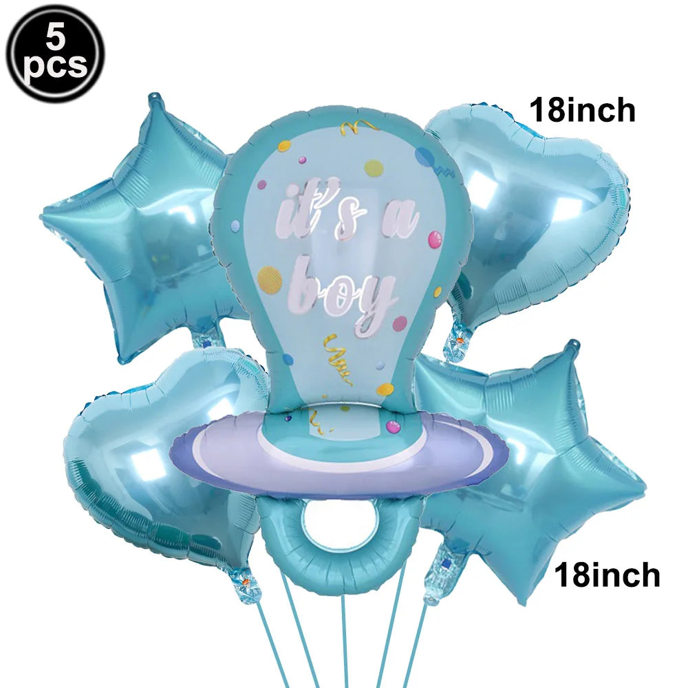 A set of five blue and silver foil balloons shaped like baby bottles for a baby shower decoration.