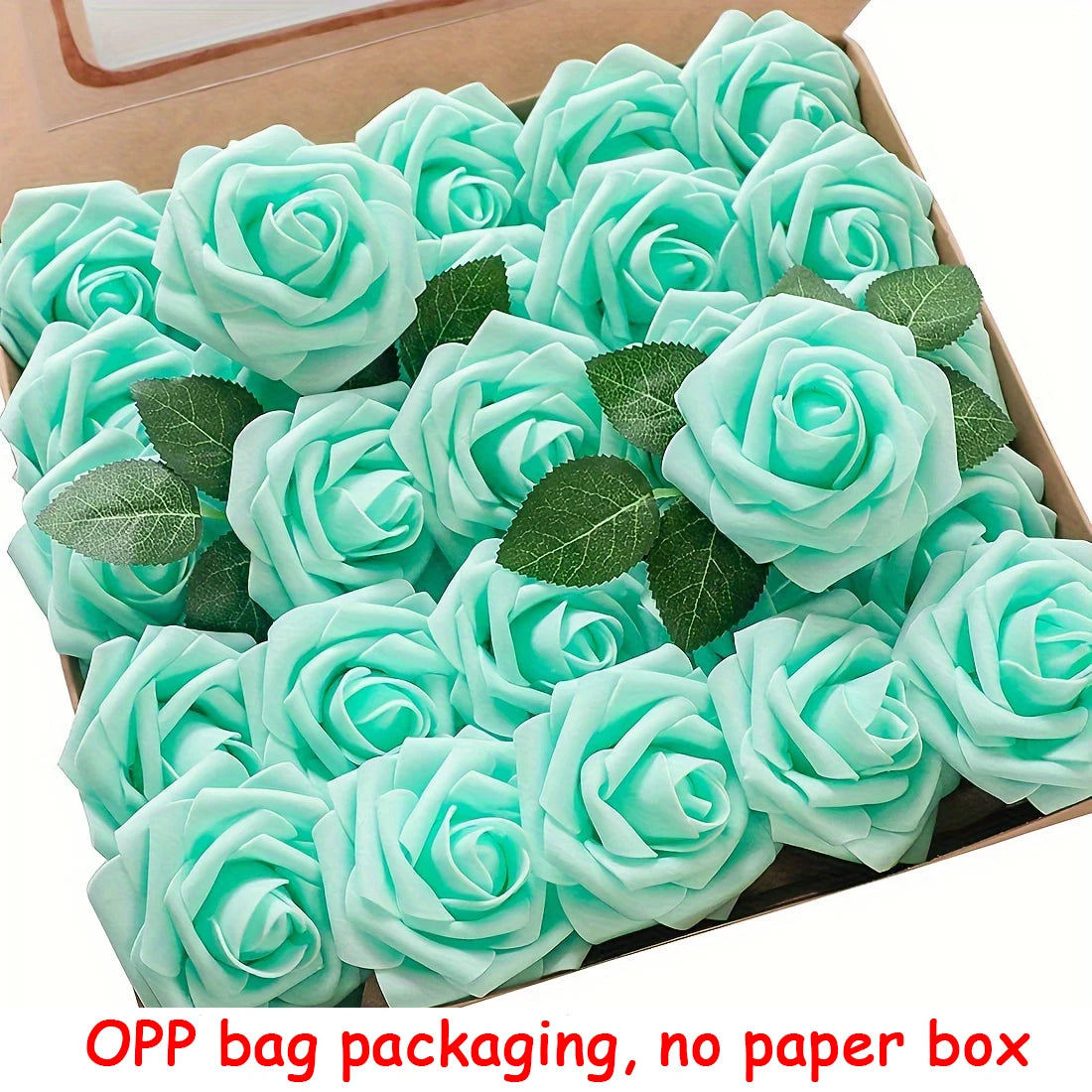 A box filled with light blue artificial rose flowers packaged in OPP bags, suitable for DIY decor.