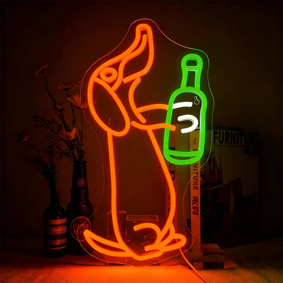 A neon sign shaped like a cute dachshund is illuminated in bright orange light against a dark background.
