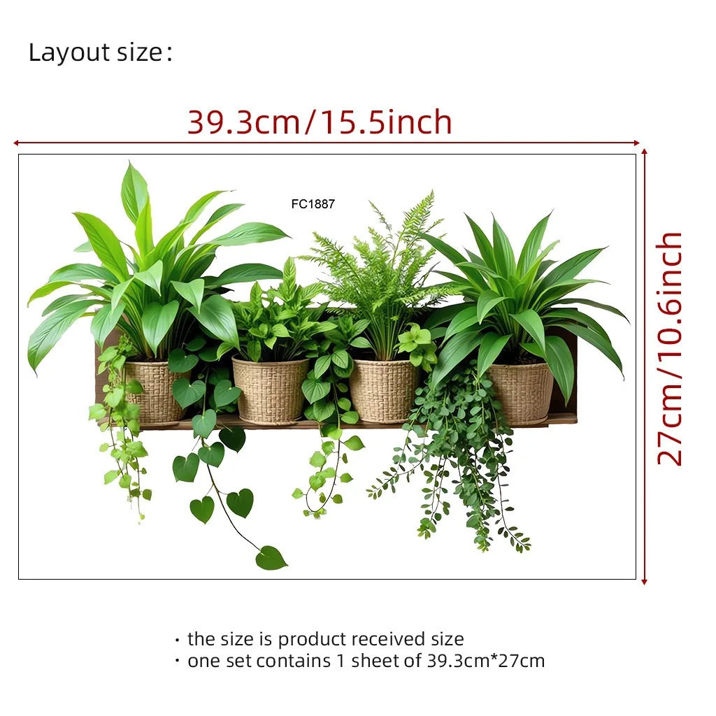 A layout showing a set of potted green plants arranged on a wooden shelf for home décor.