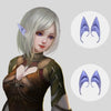 A female character with silver hair wearing a dark green outfit and featuring realistic purple latex elf ears.