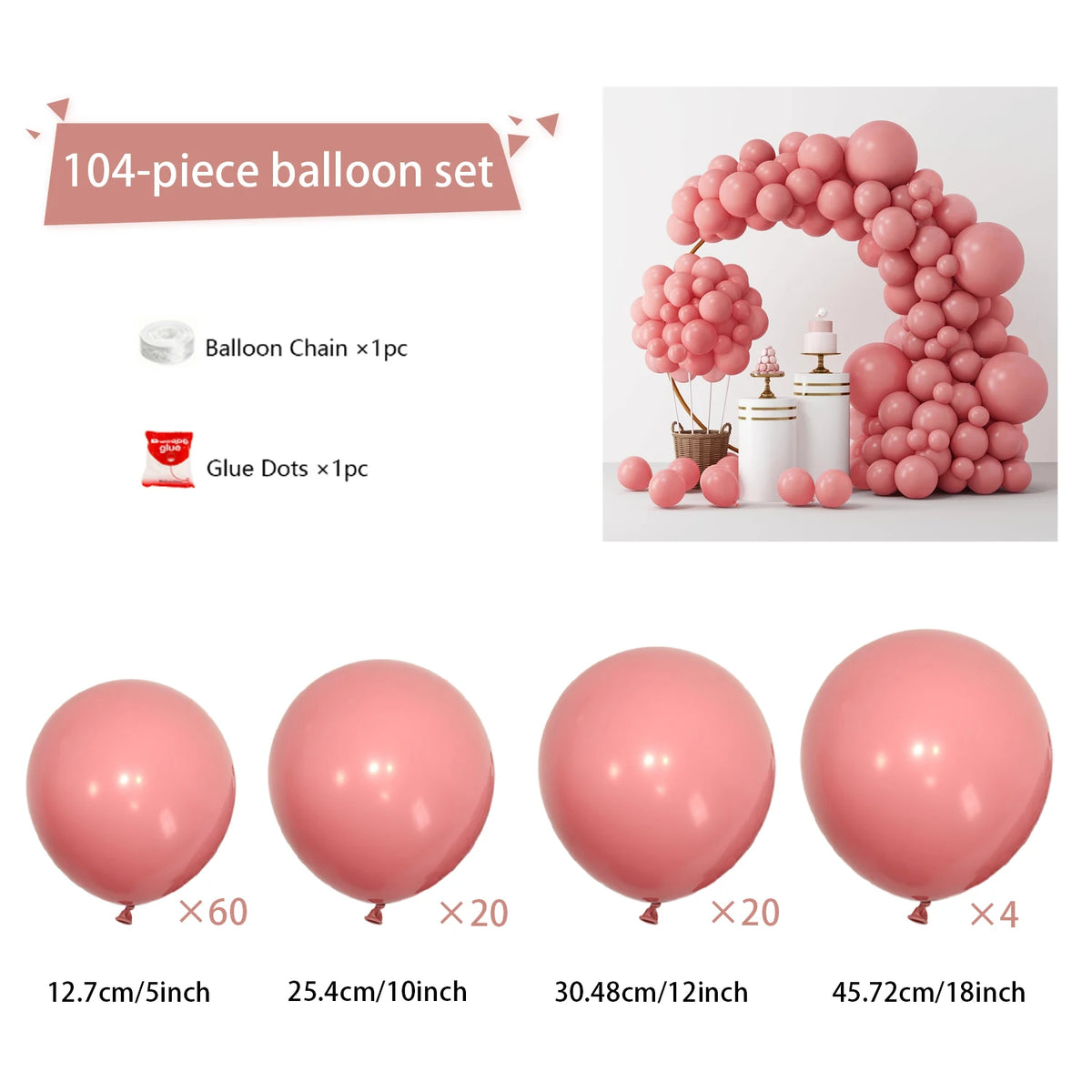 A set of 104 pink balloons and glue dots used to create an arch decoration for weddings and parties.