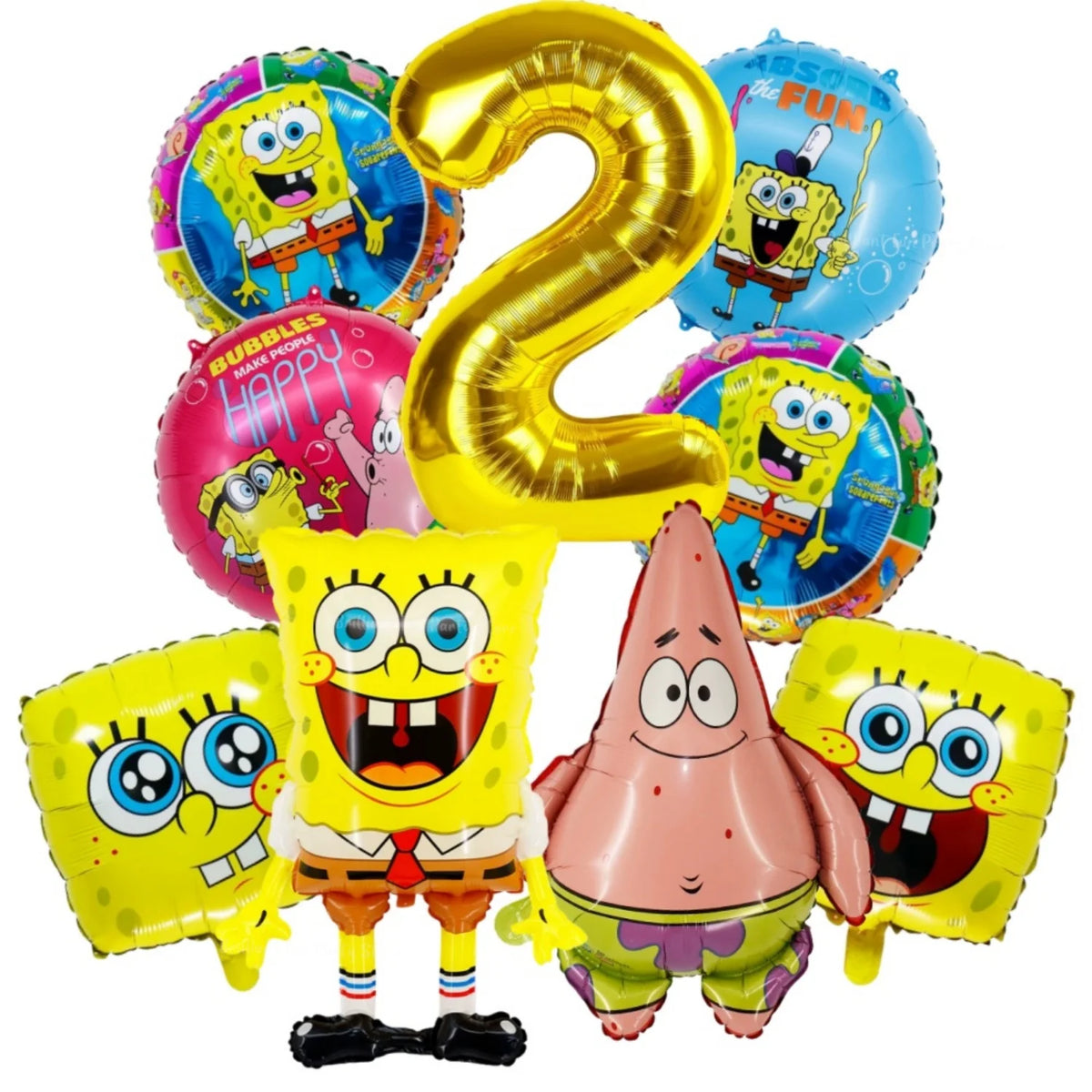 A set of nine foil balloons featuring characters from SpongeBob SquarePants including Patrick and SpongeBob