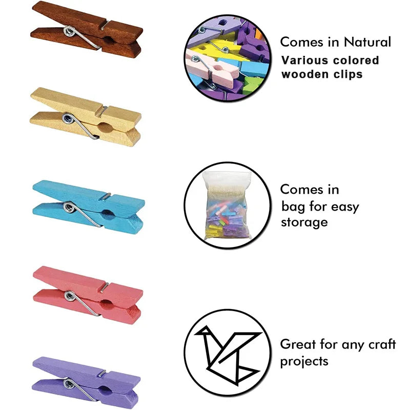 Colorful Natural Wooden Clips for Crafts, Photos, and DIY Projects