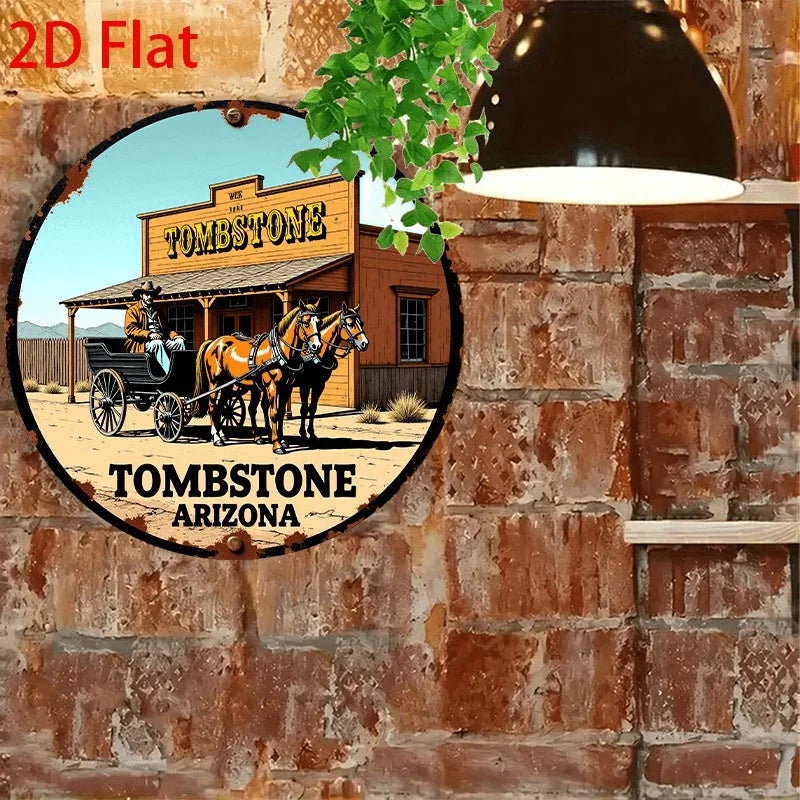 A 2D flat illustration of a vintage western tombstone sign with horses and a wooden building in an Arizona setting.