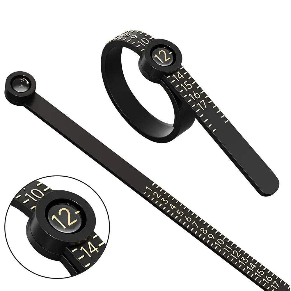 A black adjustable ring sizer with a built-in magnifier and measuring scale shown in various views.