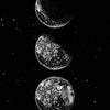 Three celestial bodies, likely moons or planets, are shown against a black background.