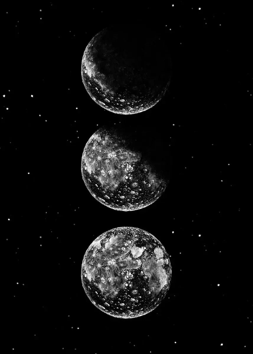 Three celestial bodies, likely moons or planets, are shown against a black background.