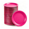 A stack of bright pink disposable paper plates is shown next to a single plate.