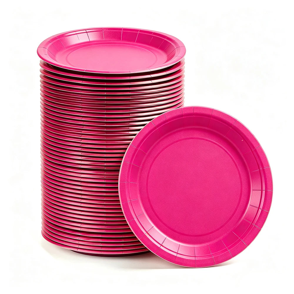 A stack of bright pink disposable paper plates is shown next to a single plate.