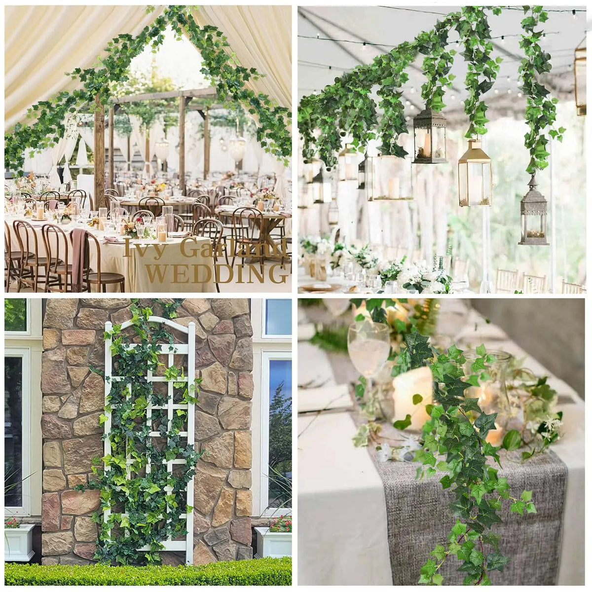 An artificial ivy garland draped across a white wooden trellis in an outdoor setting.