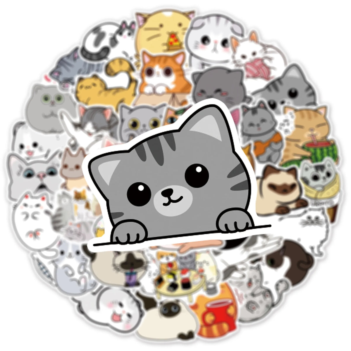 A circular arrangement of various funny cartoon cat meme stickers for DIY decor