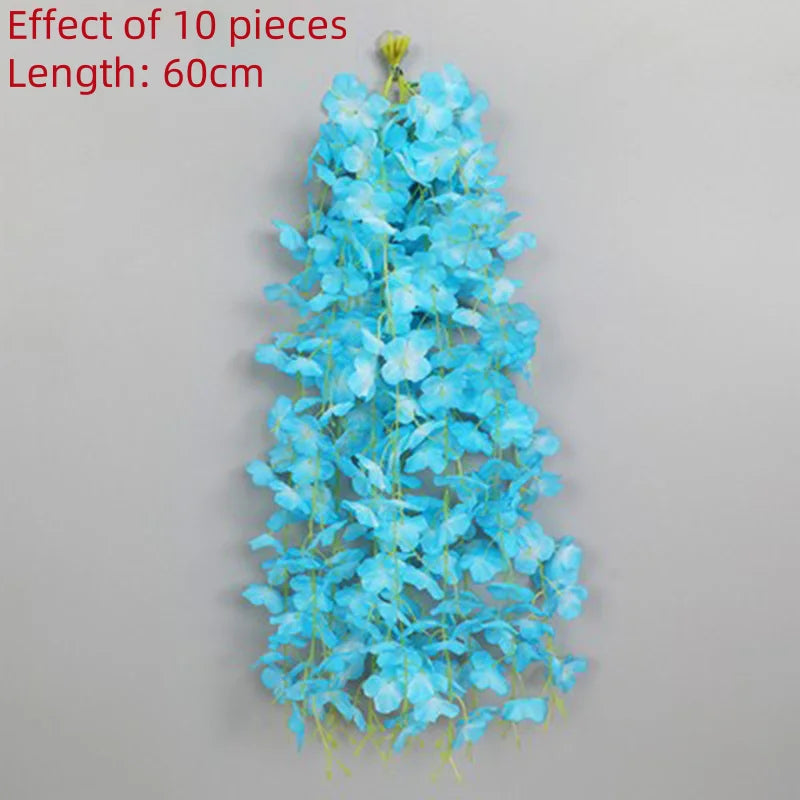 A vertical arrangement of 10 pieces of light blue artificial wisteria flowers, measuring 60cm in length.