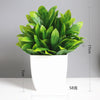 A vibrant green artificial bonsai plant with eucalyptus leaves in a white pot.