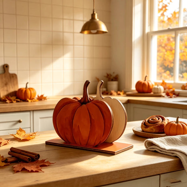 An orange wooden pumpkin napkin holder sits on a light wood table with autumn leaves and a cinnamon roll.