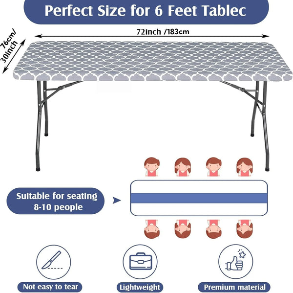 A gray checkered elastic fitted rectangle tablecloth designed for a 6-foot table, suitable for seating 8 to 10 people.