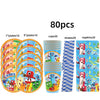 A set of 80 plastic birthday party decorations featuring various characters and themes.