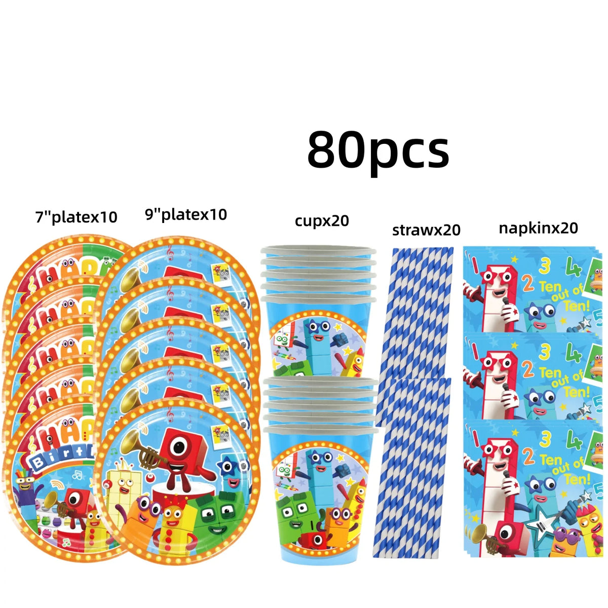A set of 80 plastic birthday party decorations featuring various characters and themes.
