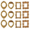 A collection of miniature vintage gold-colored picture frames in various ornate shapes and sizes.