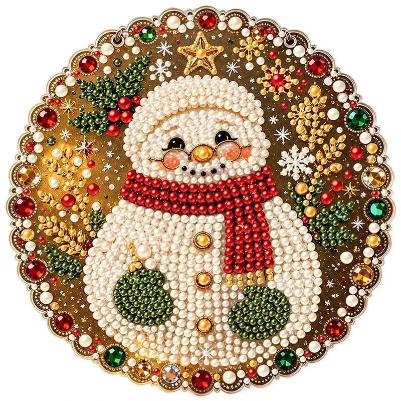 A detailed diamond painting depicting a cute snowman surrounded by festive gold and green elements.