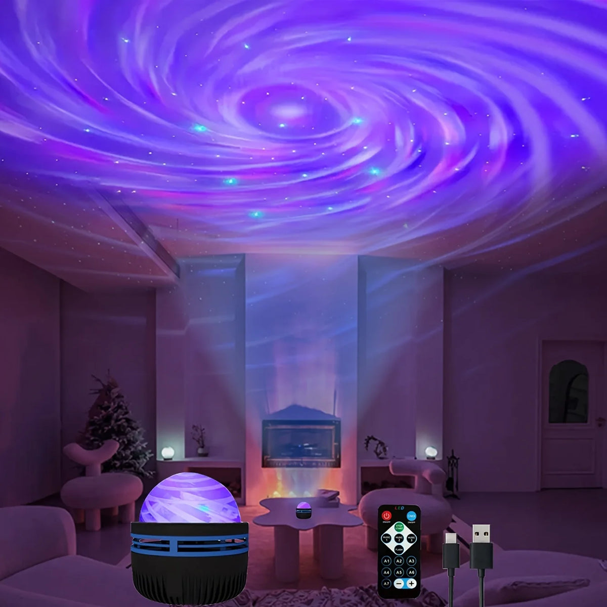 A Galaxy Projection Night Light illuminates a room with swirling purple and blue light patterns on the ceiling.