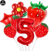 A pack of red strawberry shaped balloons and a large red number five balloon for a party kit