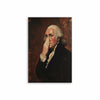 A dark portrait painting of a man with white hair covering his face.
