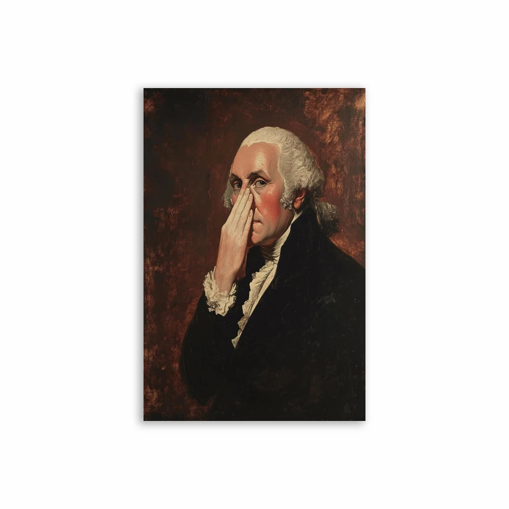 A dark portrait painting of a man with white hair covering his face.