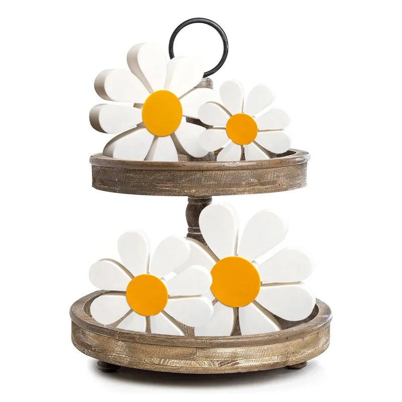Rustic wooden daisy flower ornaments set of three with white petals and orange centers