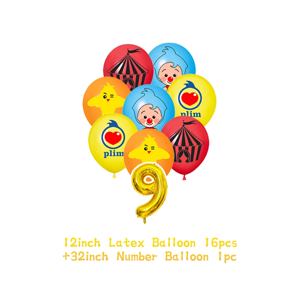A set of colorful latex balloons featuring cartoon animal faces and numbers for a party decoration.