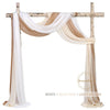 White beige pink and light brown chiffon fabric draped on a wooden wedding arch display