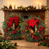 Artificial pine and eucalyptus wreath decorated with red berries and a large red flower