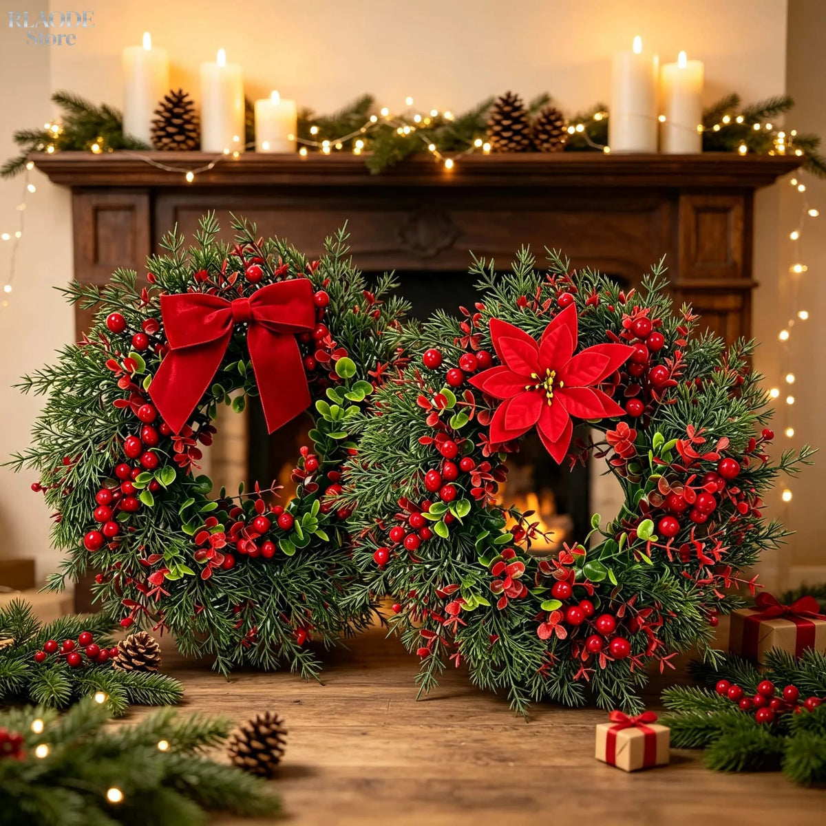 Artificial pine and eucalyptus wreath decorated with red berries and a large red flower