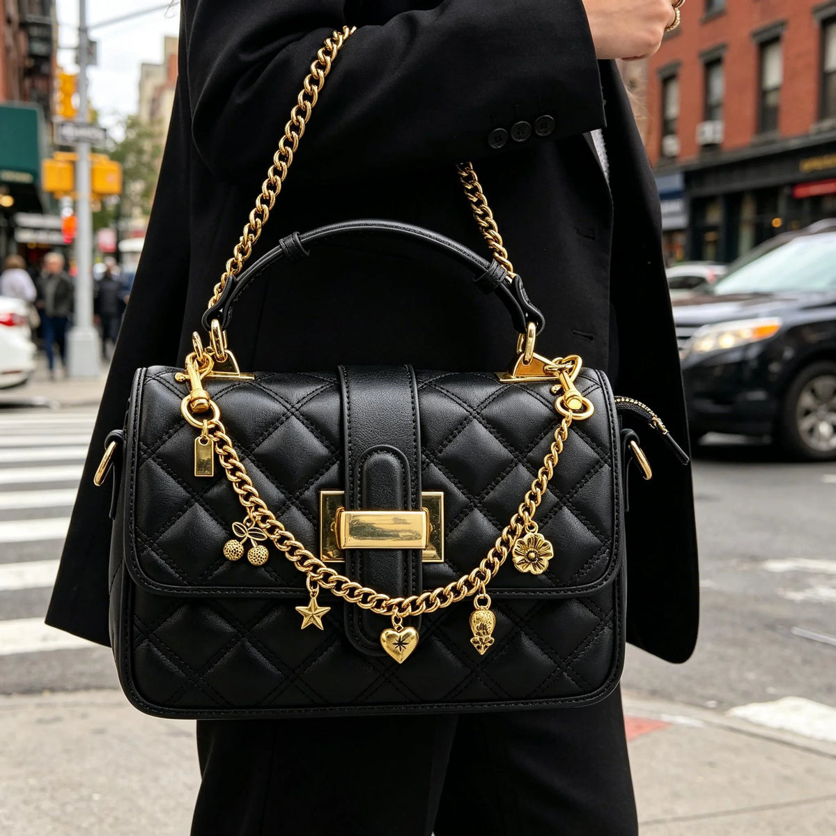 A black quilted leather handbag with a gold chain strap and multiple charms is carried by a person in an urban setting.