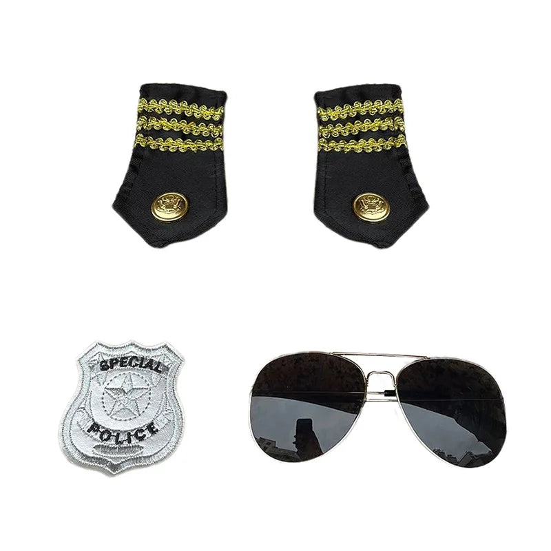 A black police officer costume hat with a gold embroidered band and a gold badge.