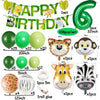 A set of safari jungle balloon garland arch kit featuring various colored balloons, palm leaves, and animal-themed decoration