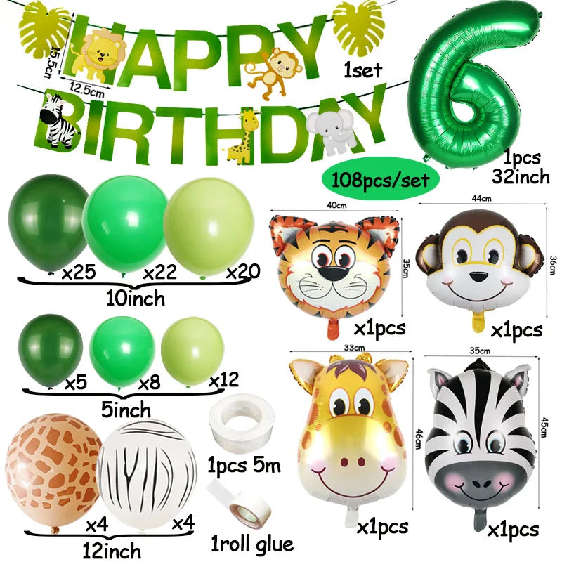 A set of safari jungle balloon garland arch kit featuring various colored balloons, palm leaves, and animal-themed decoration